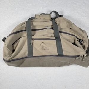 VTG Ducks Unlimited Duffel Bag  Large Khaki Canvas Embroidered Logo Weekend Bag